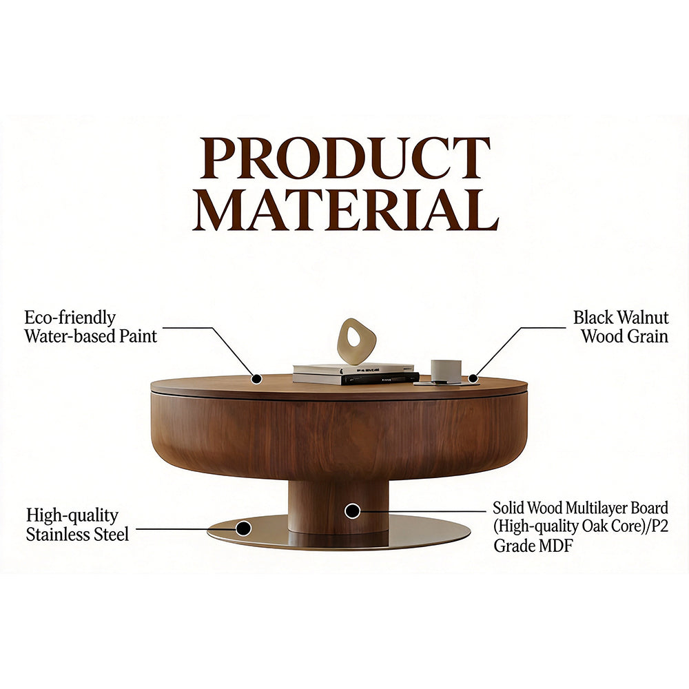 Modern Round Walnut Coffee Table Radial Veneer Design Metal Base