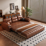 Load image into Gallery viewer, Faux leather sofa bed in coffee brown with hidden under-seat drawers
