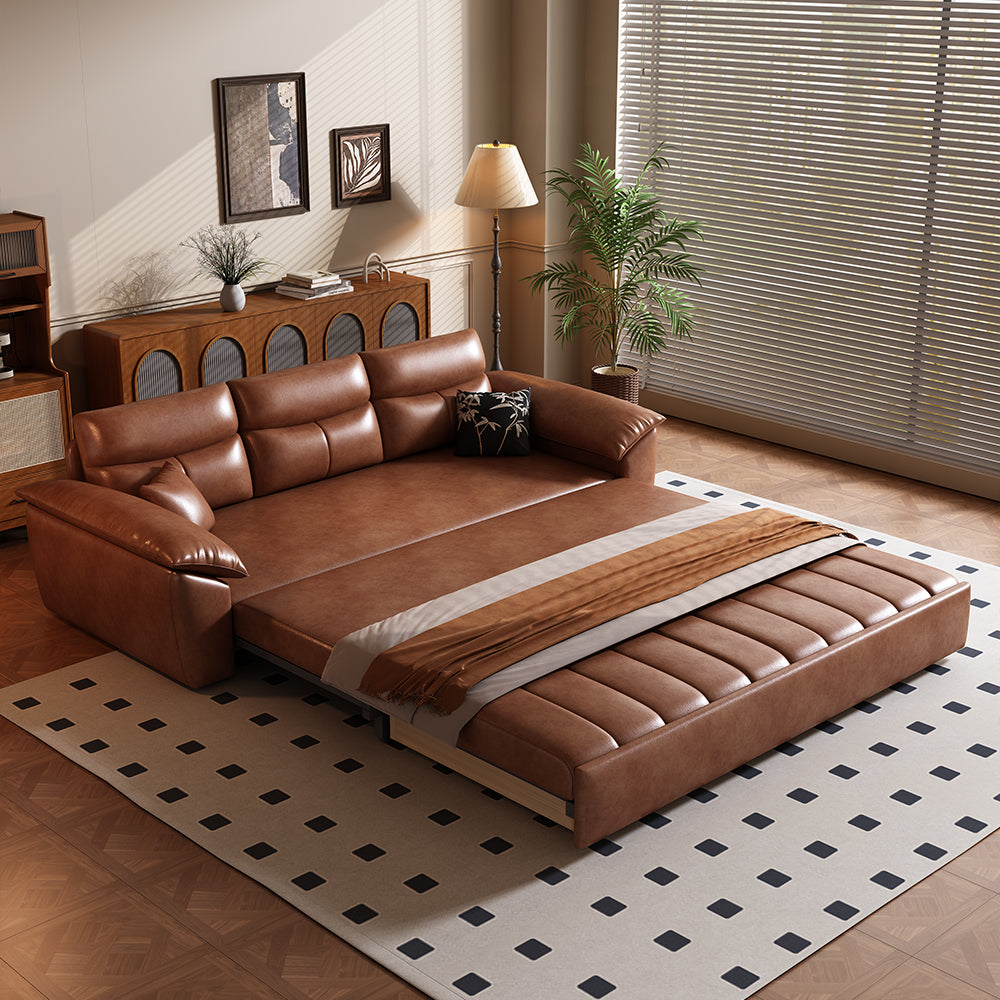 Faux leather sofa bed in coffee brown with hidden under-seat drawers