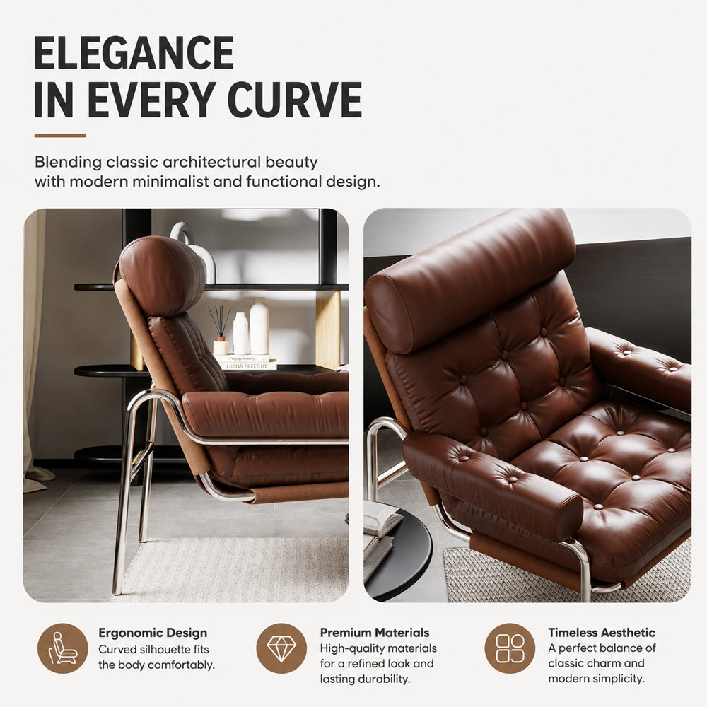 Mid-Century Brown Faux Leather Tufted Lounge Chair with Chrome Frame