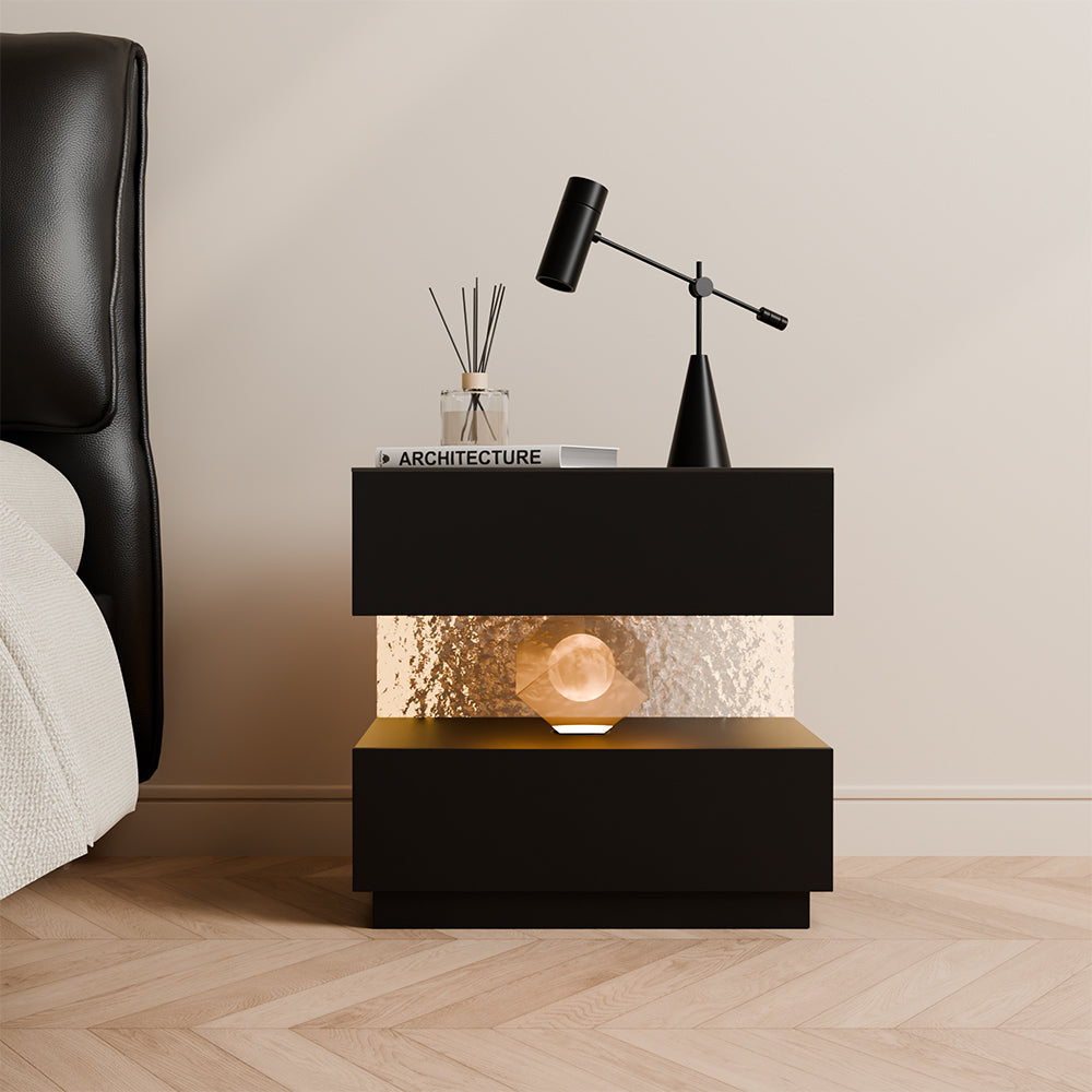Contemporary Black Nightstand with Scratch-Resistant Leather & Motion Sensor Lighting
