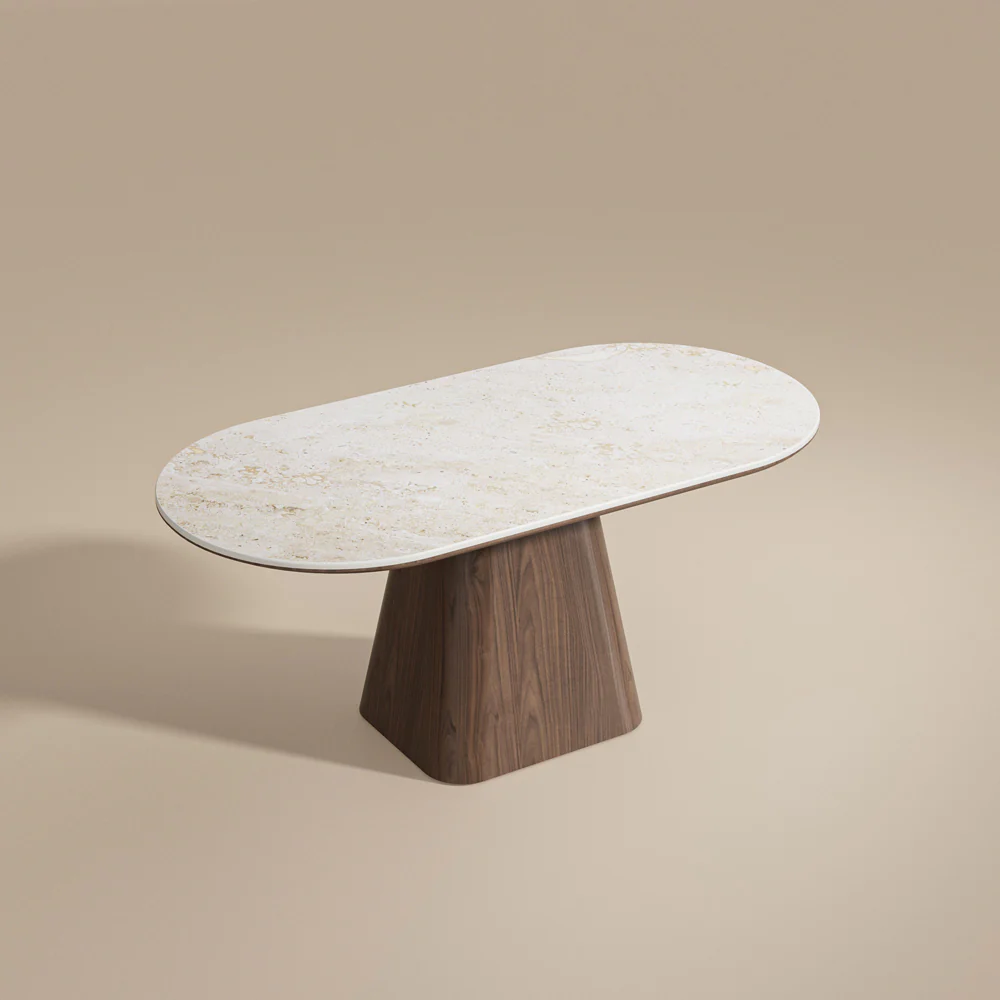 Oval Dining Table Solid Wood Walnut Veneer Base Scratch Resistant Sintered Stone Top Modern Stylish Design