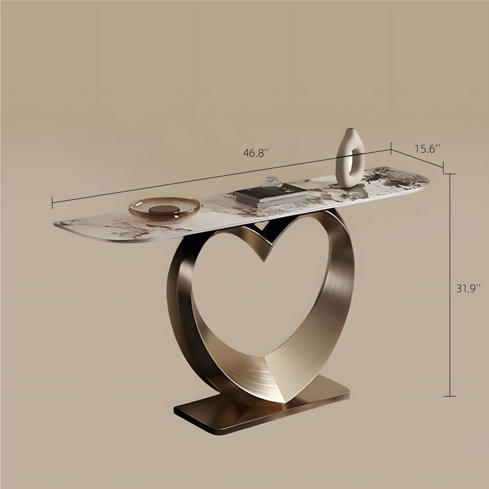 Elegant Heart-Shaped Base Console Table in Gold with Marble Top