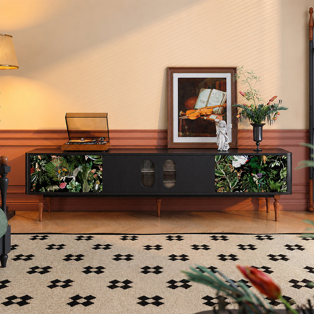 82.6" Jungle Print Mid Century Wood TV Stand