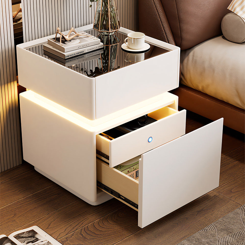 Modern LED Nightstand with Glass Top 2 Drawers Smart Bedside Table High Gloss White Design