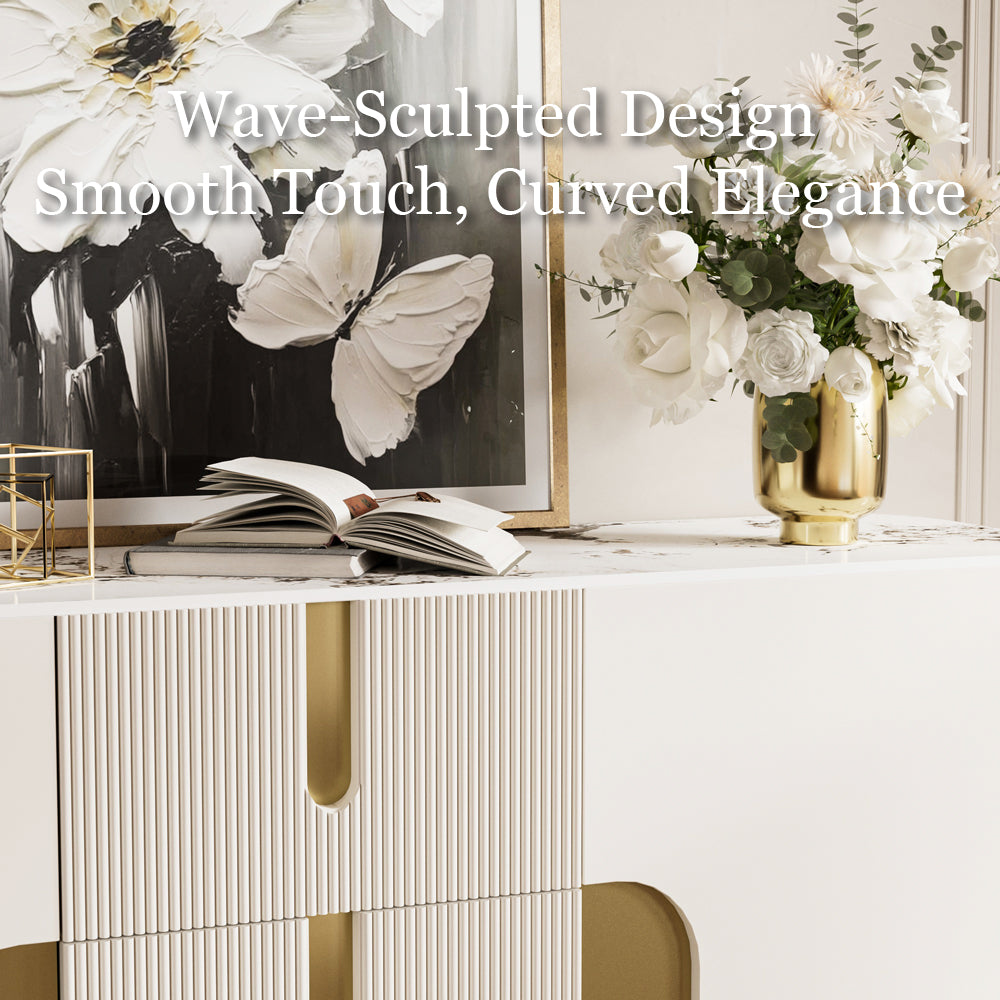 Sideboard Cabinet Modern Minimalist Ribbed Drawers Golden Base Marble Top Storage Unit