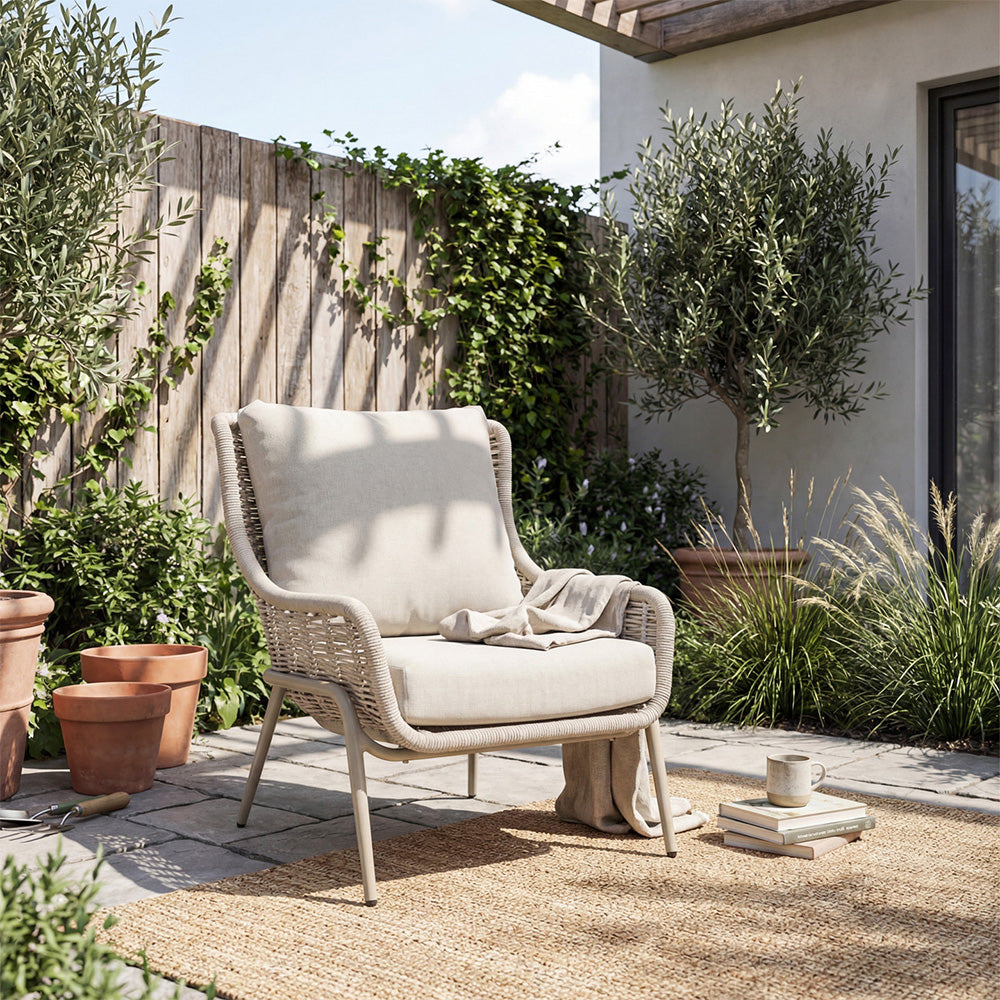 Modern Outdoor Lounge Chair with Woven Rope Frame and Weather Resistant Cushions