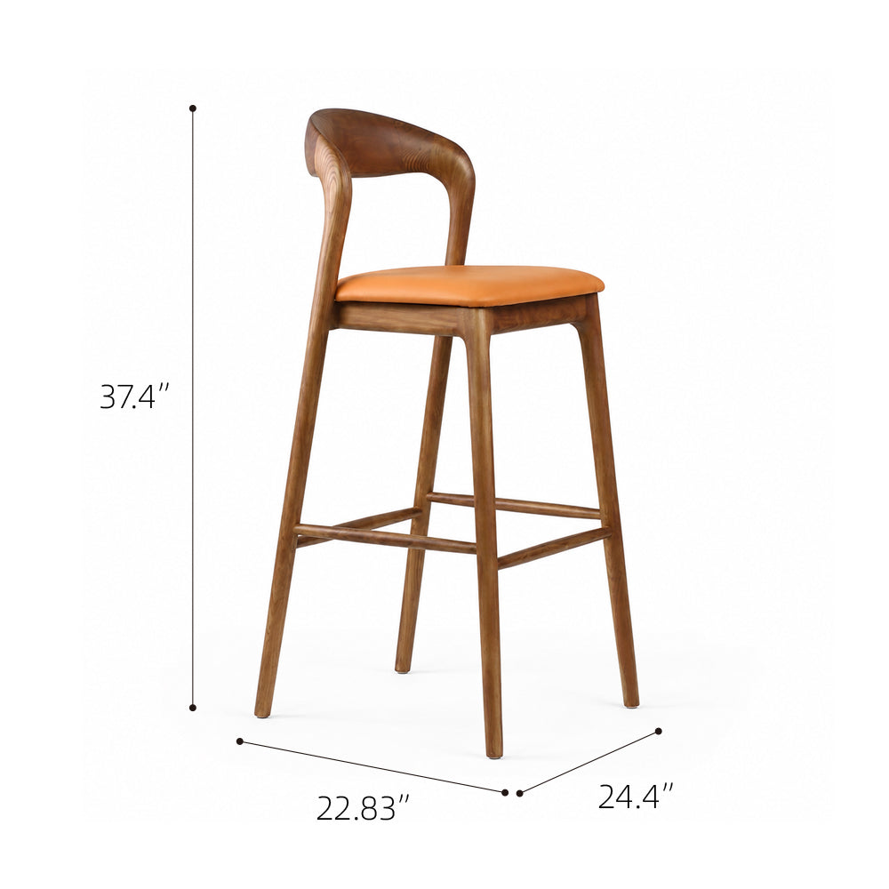 Modern Solid Wood Bar Stool with Curved Backrest Upholstered Counter Chair 1 Piece