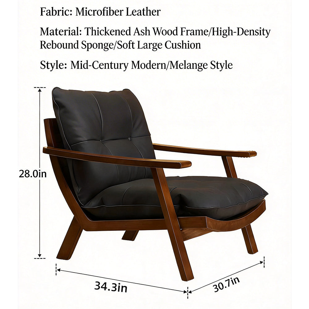 Mid Century Modern Faux Leather Lounge Chair Solid Wood Frame Accent Chair Deep Seat Leisure Armchair