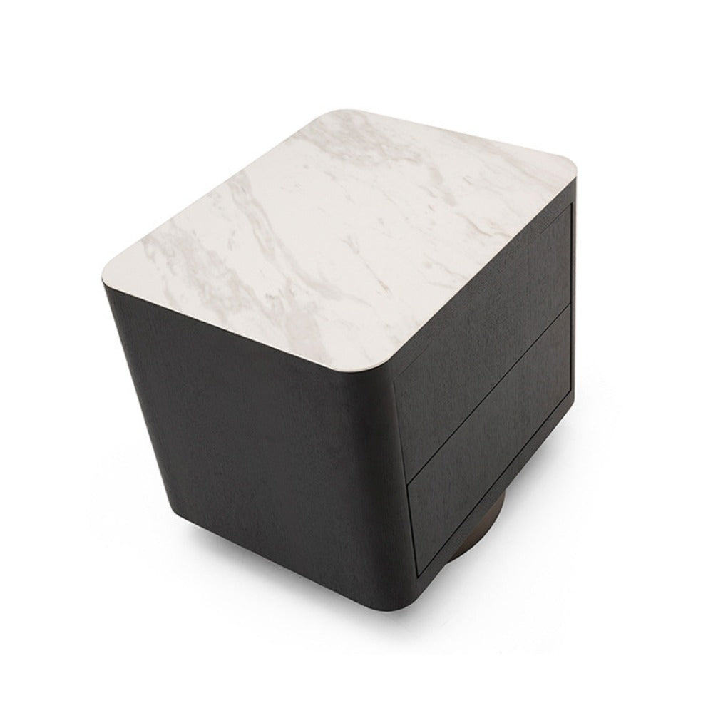 Modern Black Wood Nightstand with Faux Stone Top and Brushed Metal Base