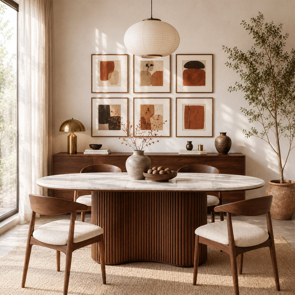 Sculptural Fluted Base Oval Dining Table with Sintered Stone Top