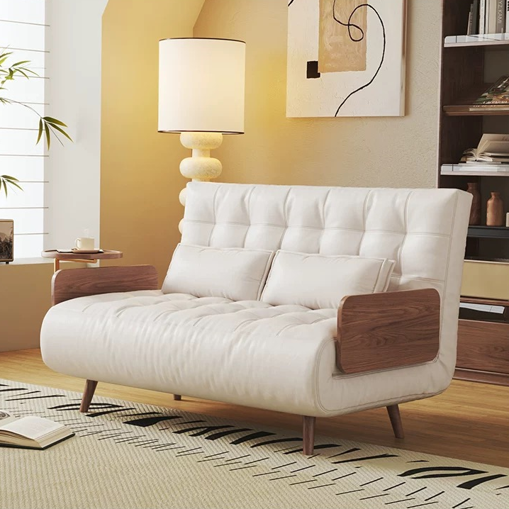 Modern Faux Leather Sofa Bed Convertible Sleeper Couch with Wood Armrests Tufted Design