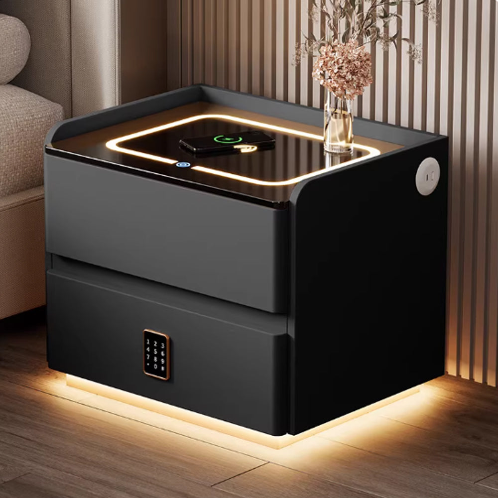 Smart Leather Nightstand with LED Ambience Light Wireless Charging Bluetooth Speaker and Digital Password Lock