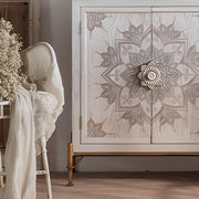 61'' Boho Mandala Carved Sideboard Cabinet White Washed Wooden Buffet Storage with Metal Base Decorative Accent Console