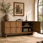 Load image into Gallery viewer, 62.99" Rustic Media Console with Circular Textured Doors and Concealed Storage and Cable Cutouts
