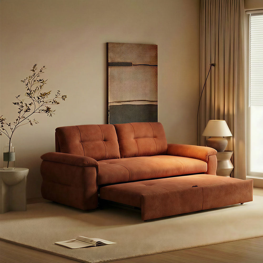 74.8" modern pull-out sofa bed in terracotta with plush upholstery and tufted backrest