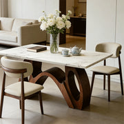 Modern Sintered Stone Dining Table Luxury Kitchen Table with Sculptural Walnut Wood Base for 4-6