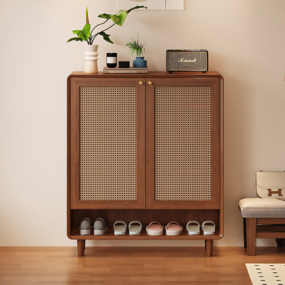 Mid-Century Rattan Shoe Cabinet with 2 Doors Walnut Wood Entryway Storage Organizer with Open Shelf