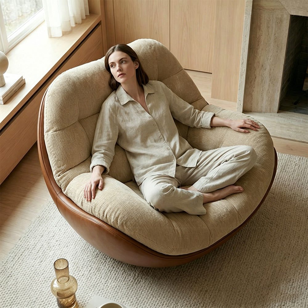 Modern Curved Lounge Chair Upholstered Comfort Accent Chair with Leather Base