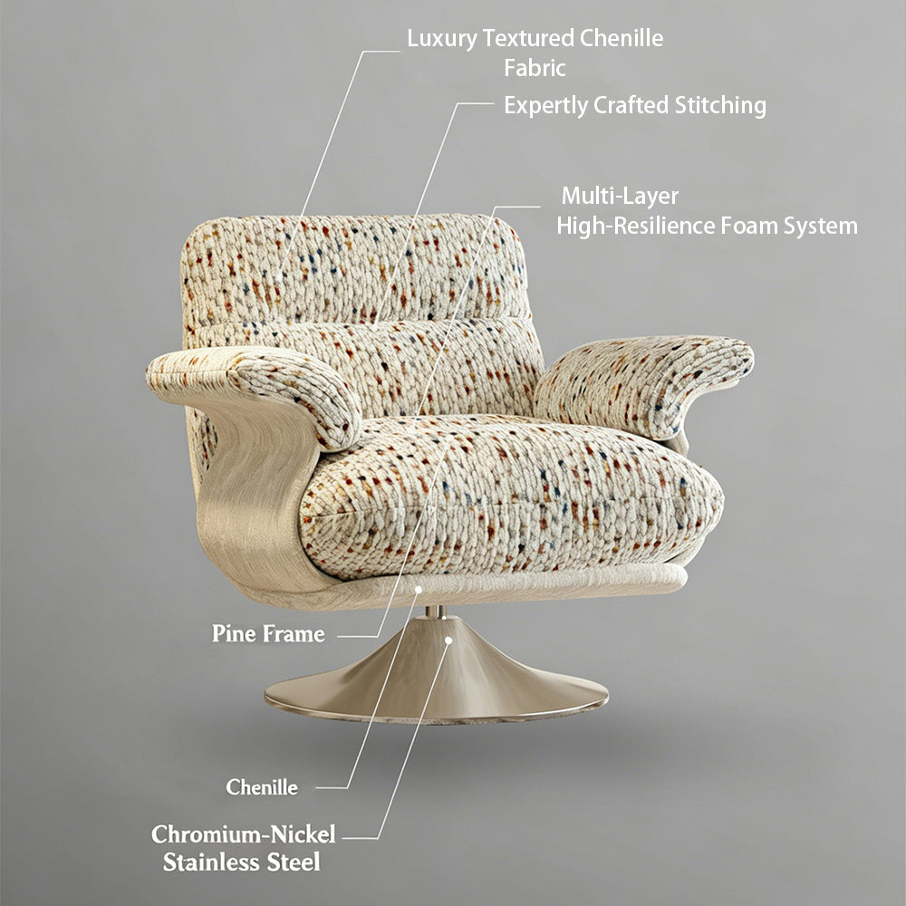 Modern Swivel Lounge Chair with Speckled Jacquard Upholstery Curved Wood Frame and Stainless Steel Base