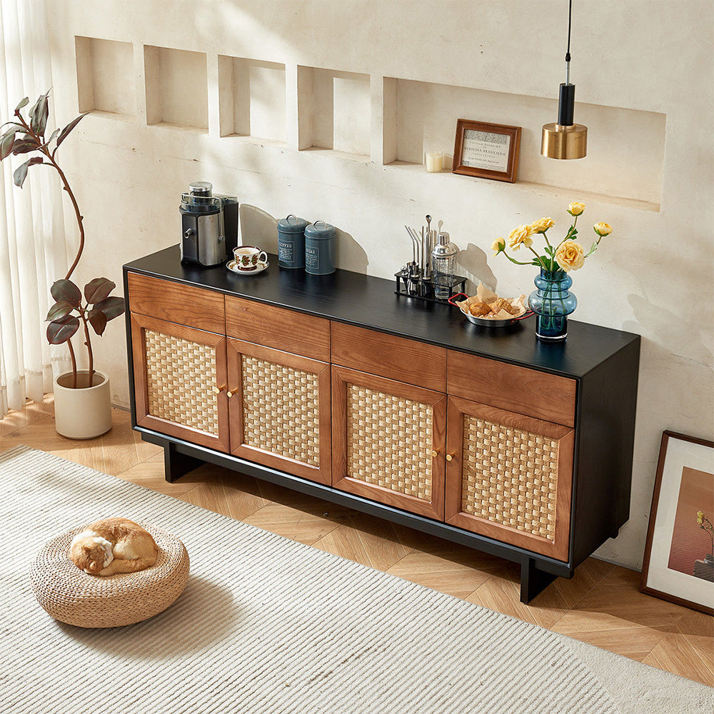 63" Bohemian Style Rattan Door Credenza Sideboard With Storage