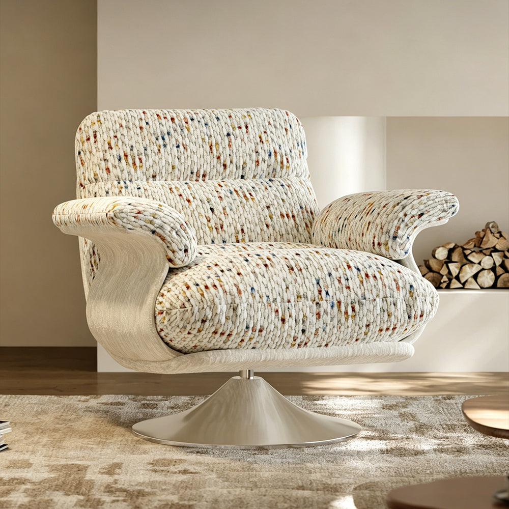 Modern Swivel Lounge Chair with Speckled Jacquard Upholstery Curved Wood Frame and Stainless Steel Base