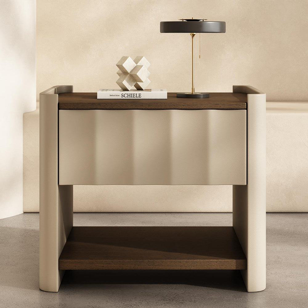 Modern Minimalist Nightstand with Soft Leather Finish and Walnut Top Drawer Bedside Table