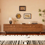 Load image into Gallery viewer, 78" Retro TV Stand Carved Geometric Pattern Solid Wood Cabinet Brass-Tipped Legs
