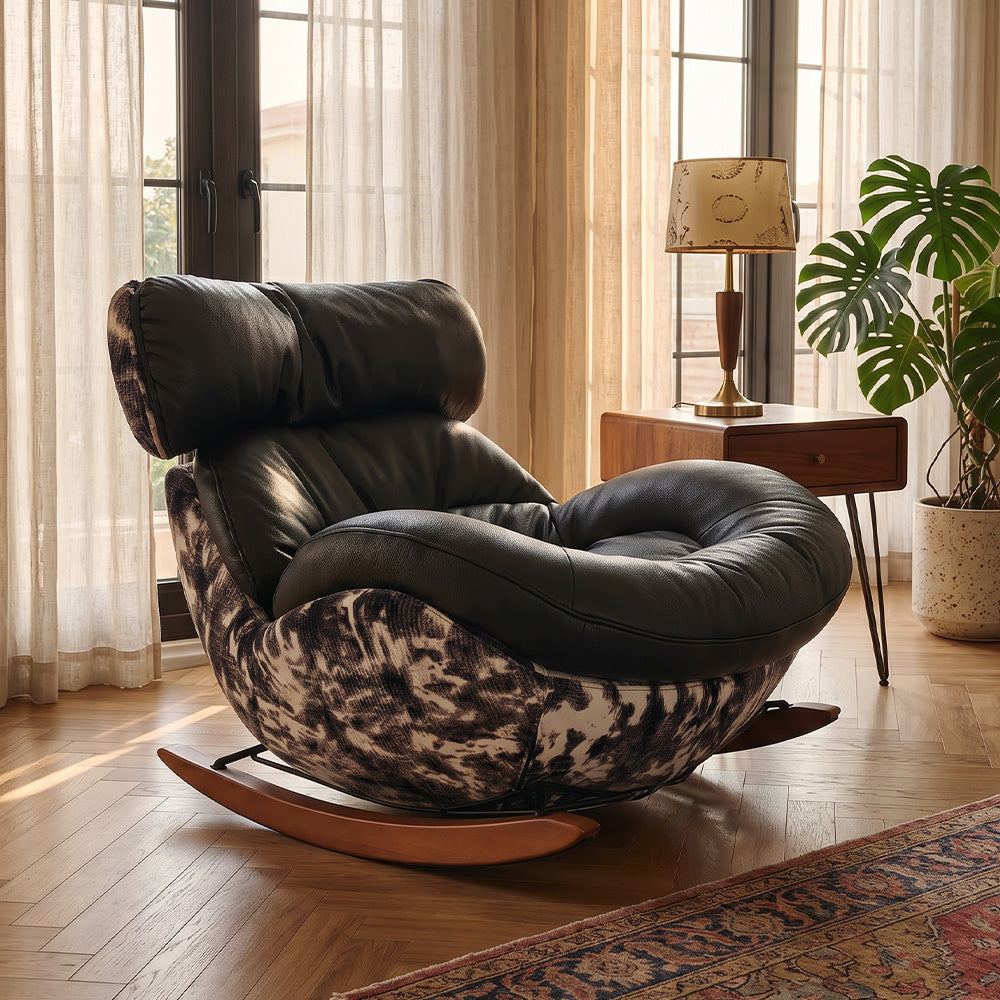 Rocking Lounge Chair with Black Cushions and Abstract Patterned Shell