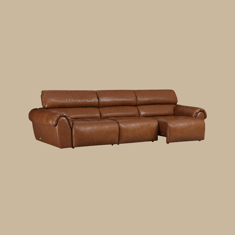 119.2'' Modern Genuine Leather Power Reclining Sofa Remote Control Adjustable Seats Brown Leather Couch