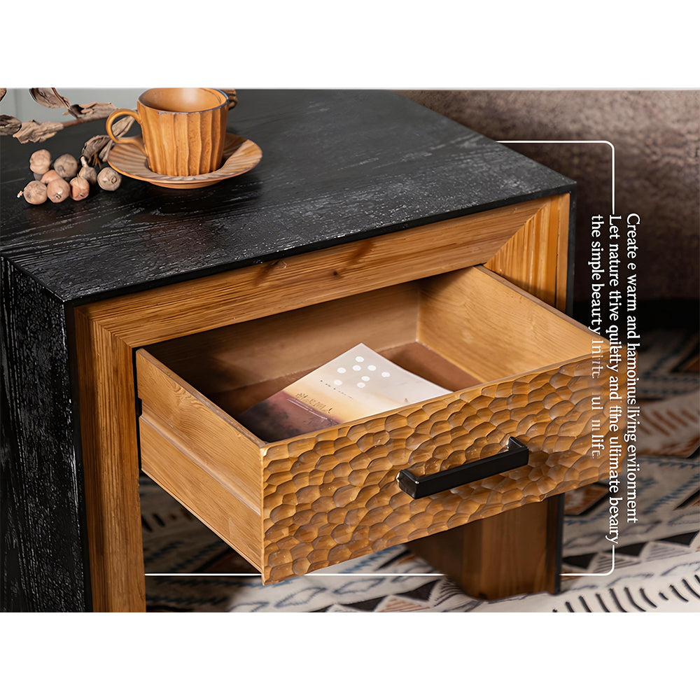 Modern Solid Wood Nightstand Textured Drawer Front Bedside Table with Open Shelf Minimalist Storage Side Table