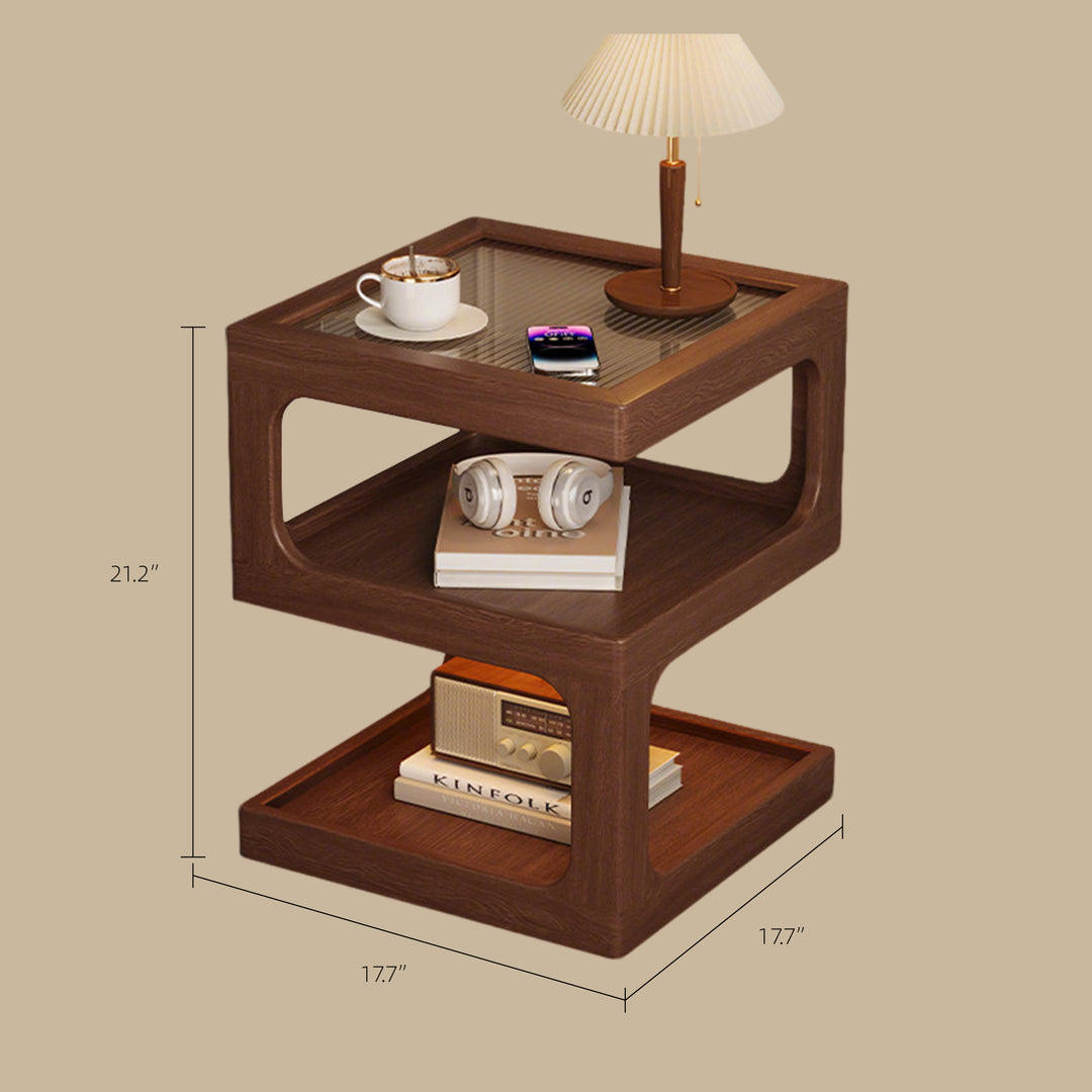Modern Solid Wood Bedside Table with Fluted Glass Top Multi Layer Storage Nightstand