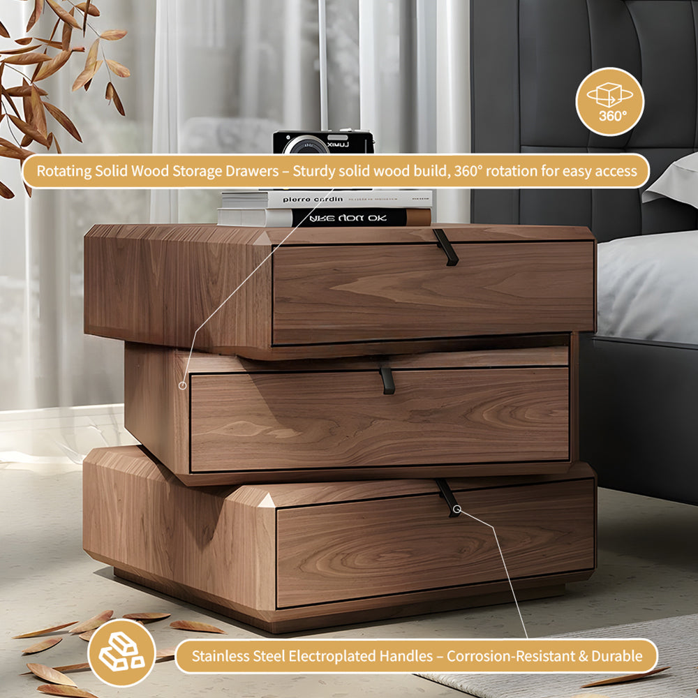 Modern Rotating Nightstand with 3 Spacious Drawers