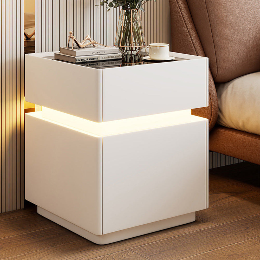 Modern LED Nightstand with Glass Top 2 Drawers Smart Bedside Table High Gloss White Design