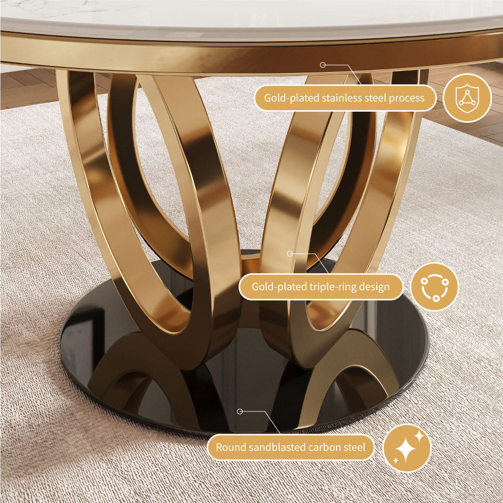 Round Dining Table Lazy Susan Marble Effect Ring Base Gold Accents Perfect for 4-6 People