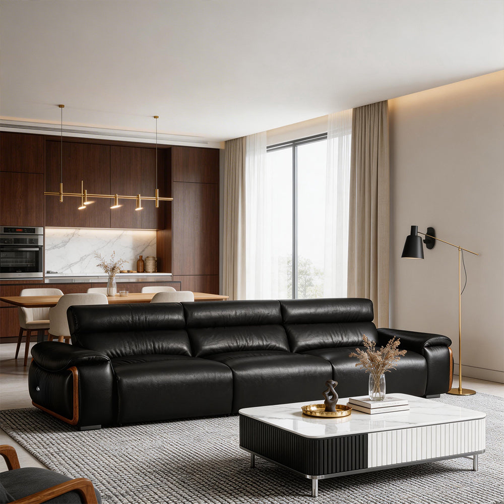 123.2'' Modern Power Reclining Leather Sofa Remote Control Adjustable Deep Seat Lounge Couch