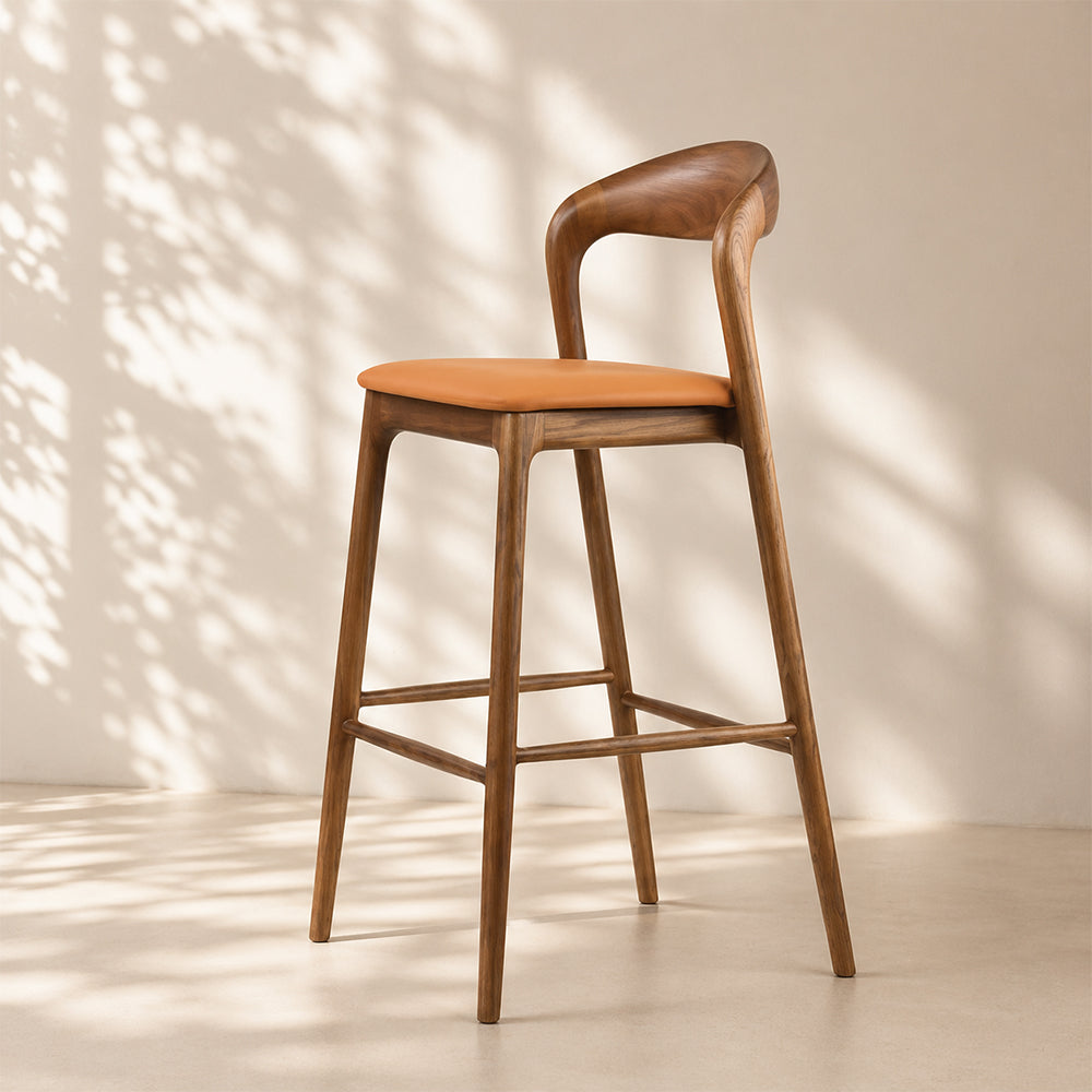 Modern Solid Wood Bar Stool with Curved Backrest Upholstered Counter Chair 1 Piece
