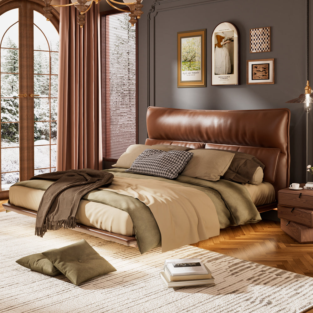 Luxury Floating Upholstered Platform Bed with LED Ambient Lighting & Cushioned Headboard