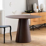Load image into Gallery viewer, Modern Round Dining Table with Walnut Veneer Top &amp; Travertine-Inspired Pedestal Base
