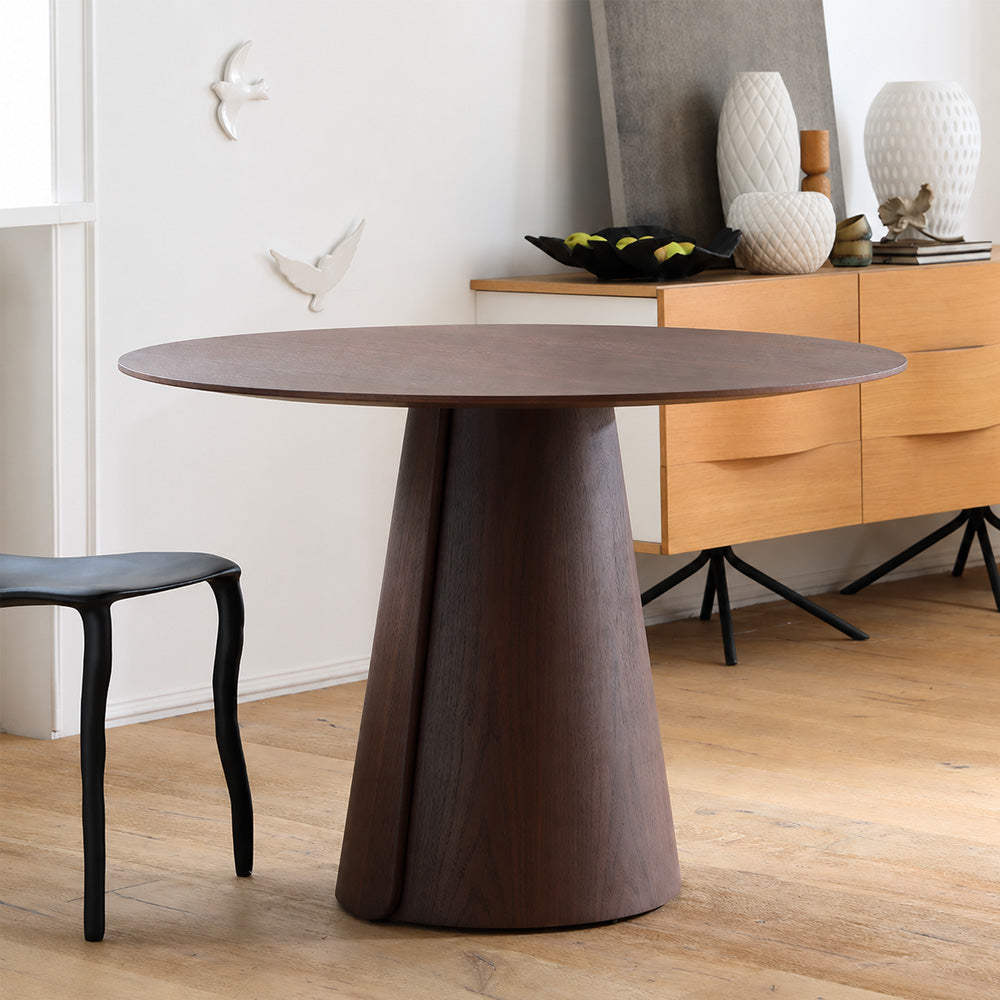 Modern Round Dining Table with Walnut Veneer Top & Travertine-Inspired Pedestal Base