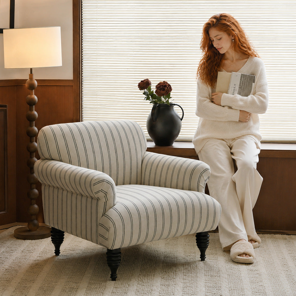 Classic Coastal Striped Rolled Arm Accent Chair for Living Room