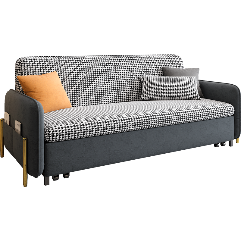 Sofa bed with checkered pattern and pillows