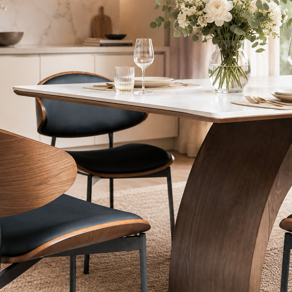 Modern Dining Table with Marble-Like Stone Top and Sculptural Wooden Base