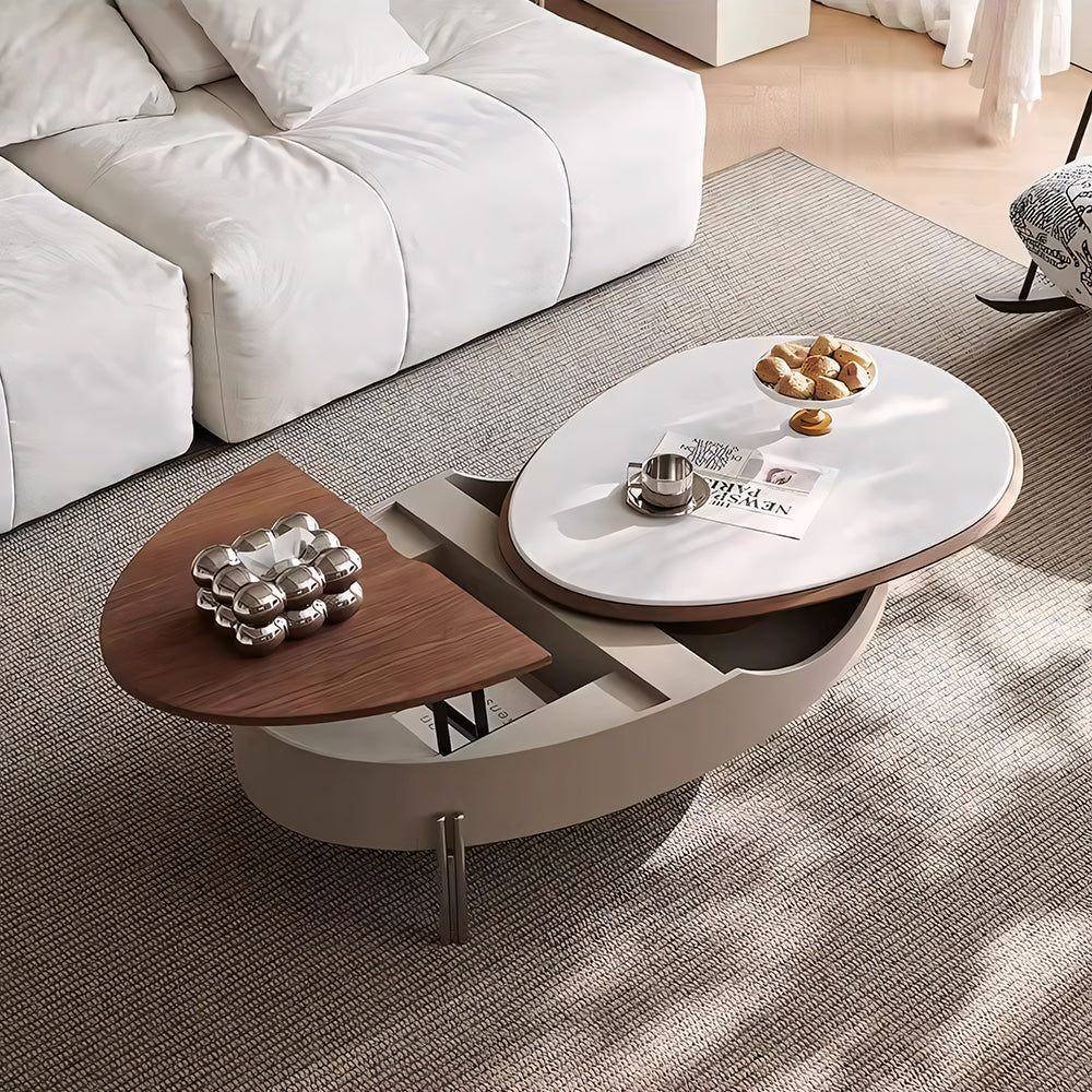 46.8'' Modern Lift-Top Coffee Table with Sintered Stone Top & Wood Base Sculptural Curved Design with Hidden Storage