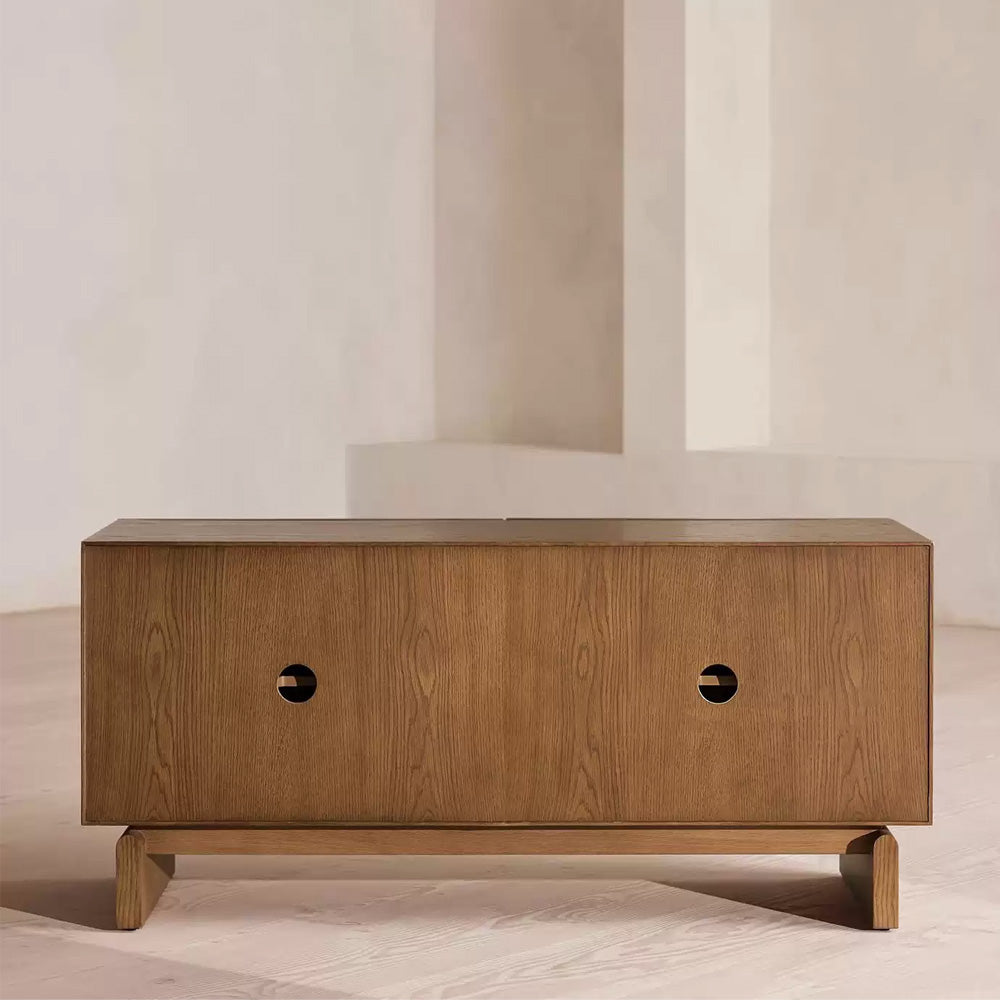 62.99" Rustic Media Console with Circular Textured Doors and Concealed Storage and Cable Cutouts