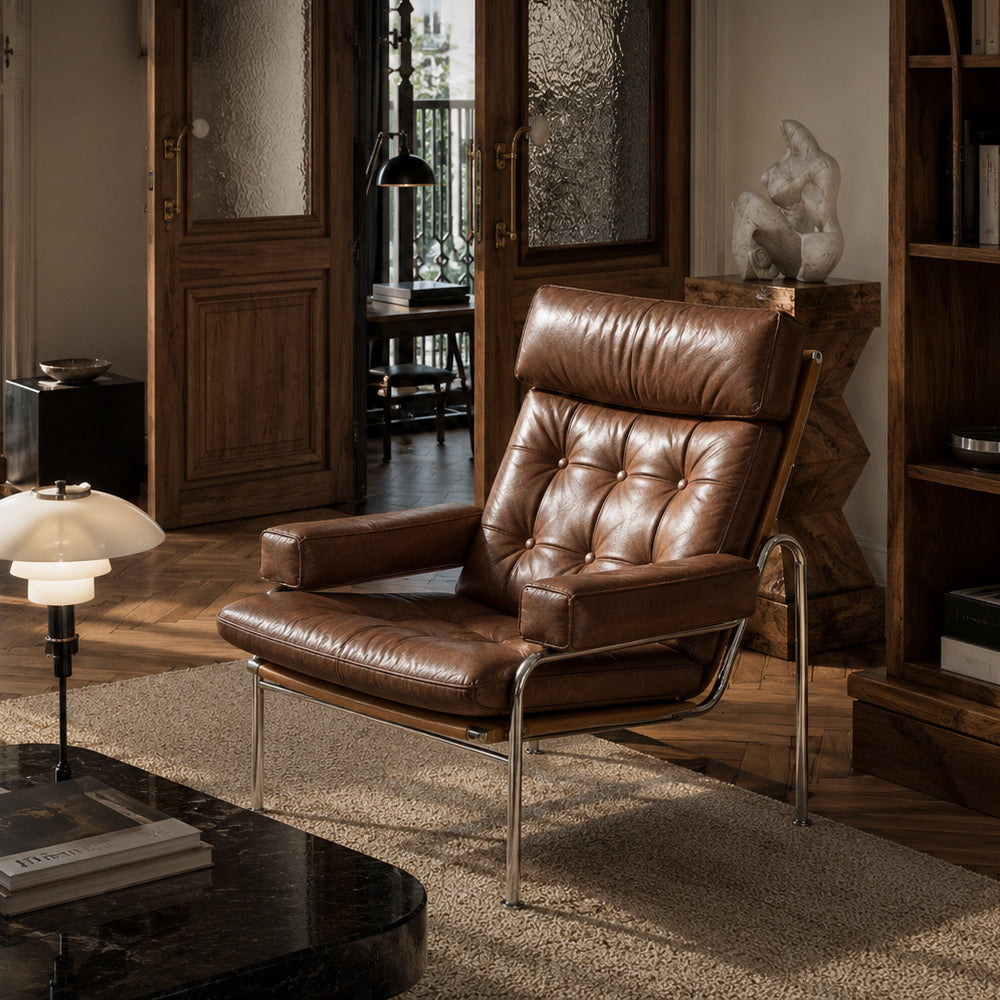 Mid-Century Brown Faux Leather Tufted Lounge Chair with Chrome Frame