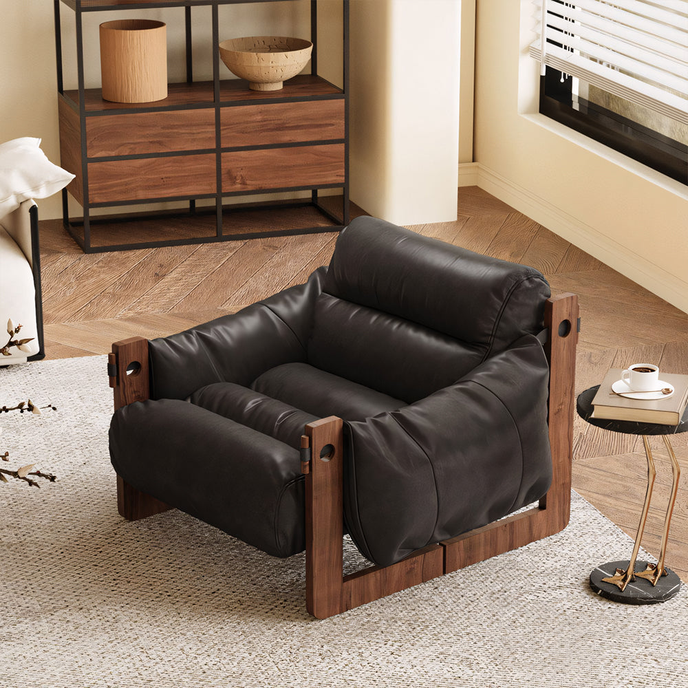 Modern Oil Waxed Leather Lounge Chair Solid Wood Frame Deep Seat Vintage Accent Armchair