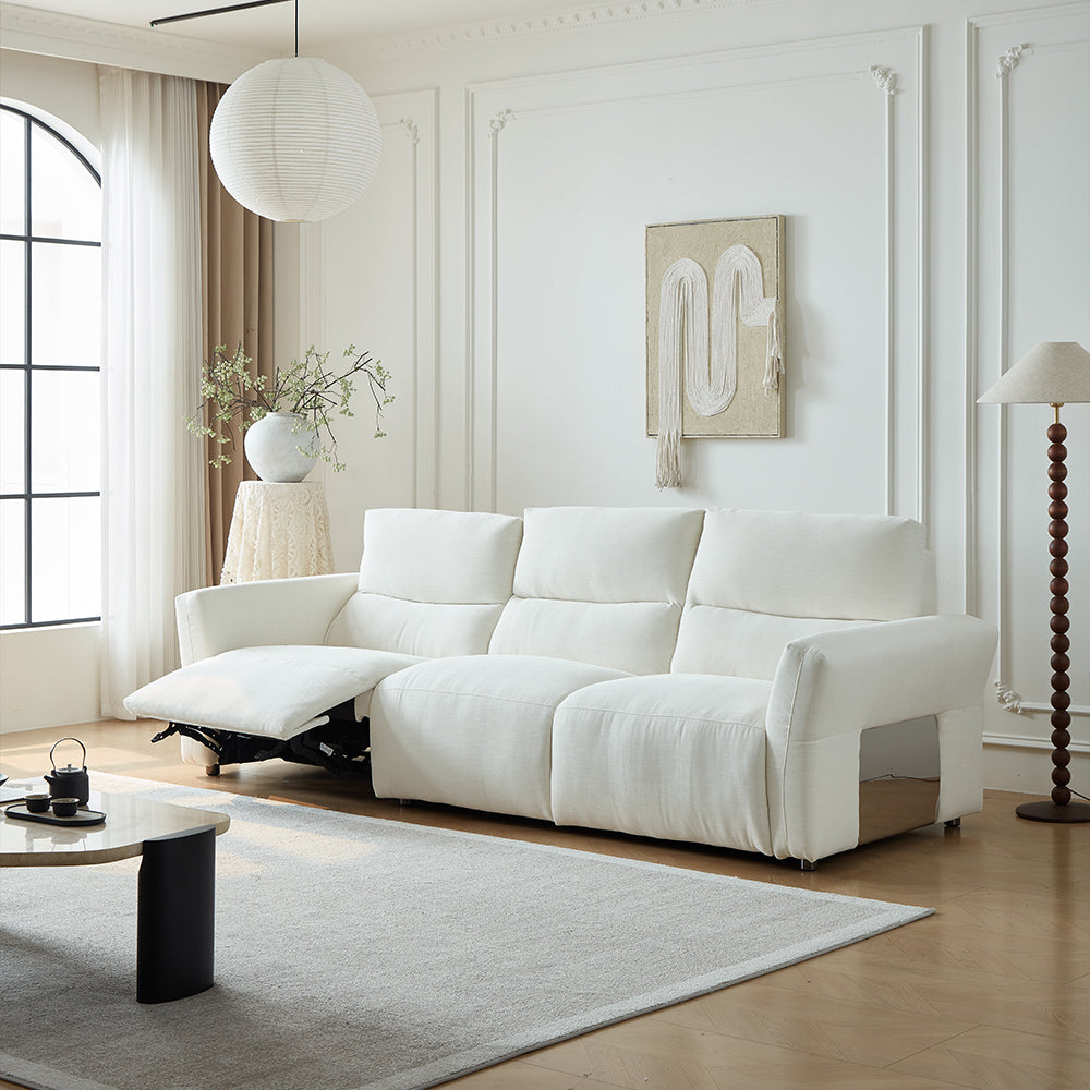 106.2'' Modern Electric Reclining Sofa Cream Fabric Power Sofa with Adjustable Footrest and Wide Armrests