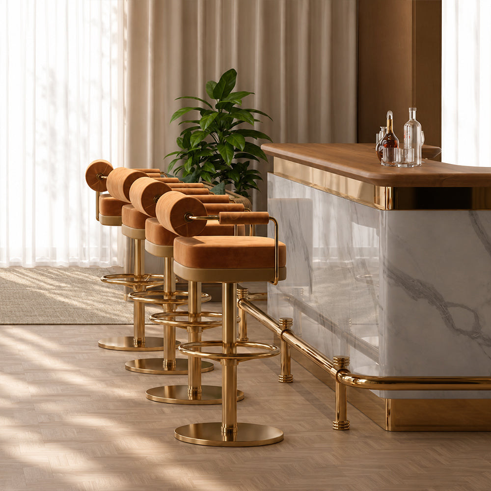 Modern Luxury Swivel Bar Stool with Cylindrical Backrest Gold Metal Frame Counter Chair 1 Piece