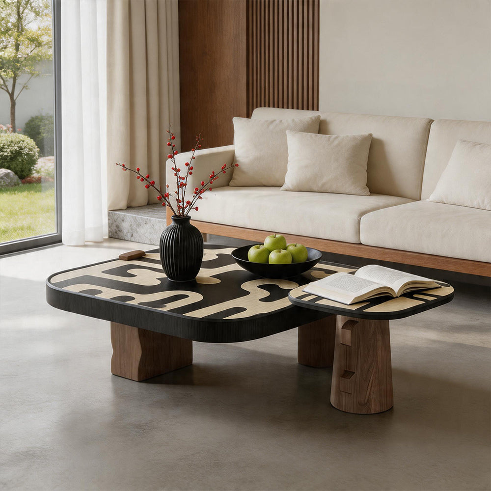 Modern Artistic Coffee Table Abstract Pattern Wood Center Table Irregular Shape Living Room Accent Table